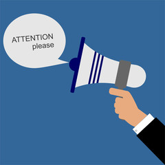 Human hand holding megaphone. Social media marketing. Vector illustration in flat design. Sing of attention.