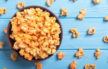 Yellow cheese popcorn in bowl