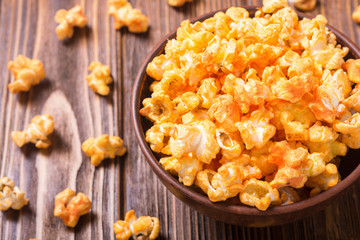 Yellow cheese popcorn in bowl