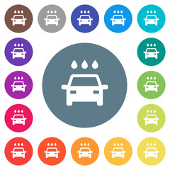 Car wash flat white icons on round color backgrounds