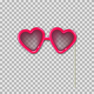 Vector realistic 3d illustration of photo booth props pink hearts glasses. Object isolated on transparent background. Summer funky photo design element weddings, birthdays, and celebrations.