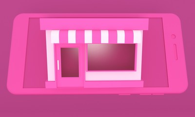 Online shop. Mobile phone on a pink background. 3d rendering