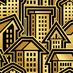 Seamless City Pattern in Golden Style. Vector Illustration for Cover Design