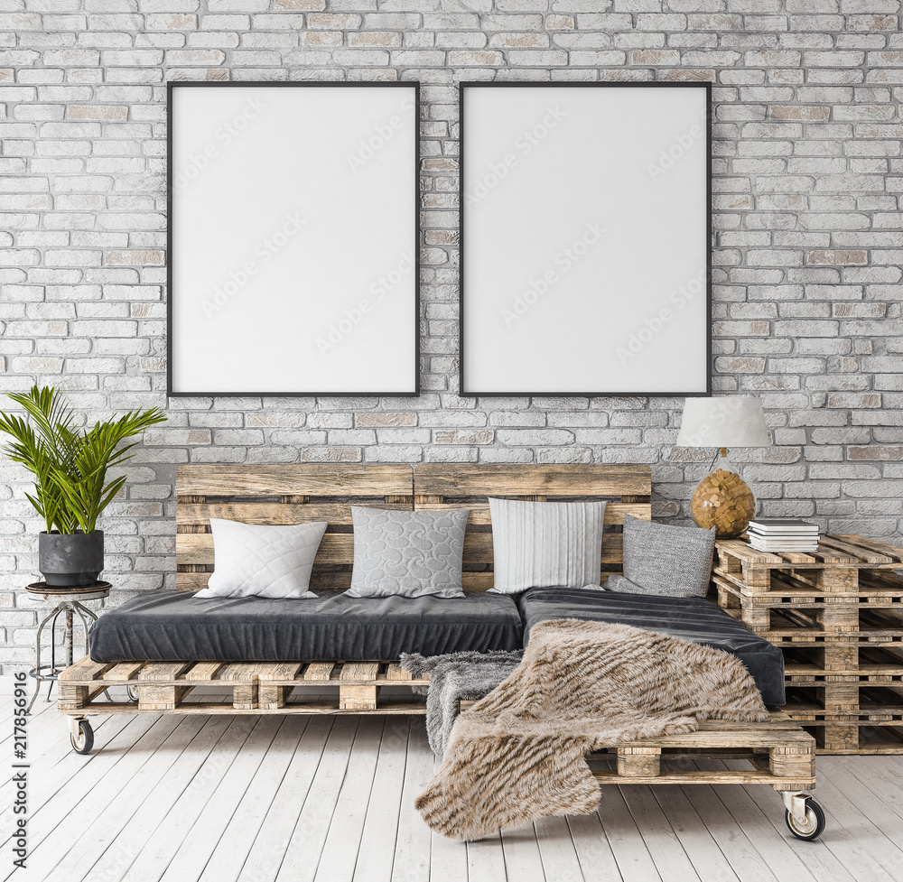 Wall mural Mock-up poster in hipster interior background, 3d render