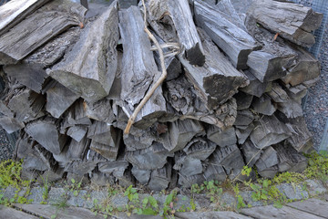 Dry firewood for firing and heating lie in a pile in the backyard
