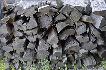 Dry firewood for firing and heating lie in a pile in the backyard

