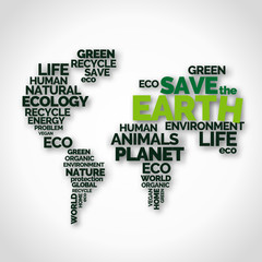 Save the Earth. Typography poster with words in shape of world map. Ecology and environment. Black and green letters on white background. Earth day