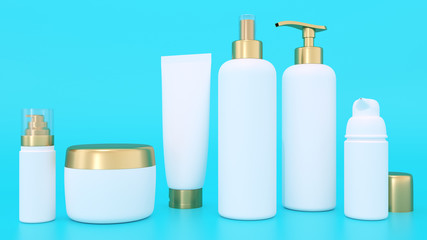 Realistic 3D rendering mockup for cosmetic containers for creams and tonic bottles. Bottle and tube, tonic cream for care skin illustration