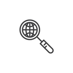 Obraz premium Global search outline icon. linear style sign for mobile concept and web design. Magnifier glass with globe simple line vector icon. Symbol, logo illustration. Pixel perfect vector graphics