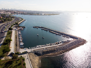 Naklejka premium Aerial Drone View of Marina Pier in Yenikapi Bakirkoy / Istanbul Seaside in Turkey
