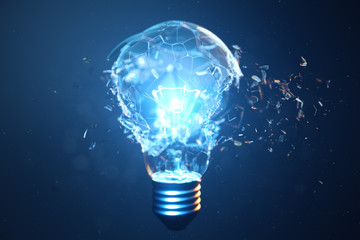 3D Illustration Exploding light bulb on a blue background, with concept creative thinking and innovative solutions.