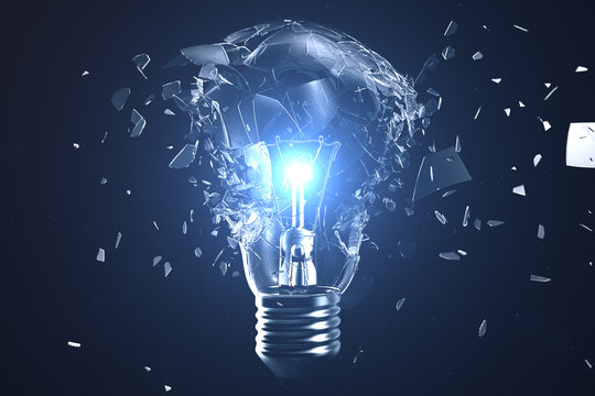 3D illustration Exploding light bulb on a blue background, with concept creative thinking and innovative solutions.