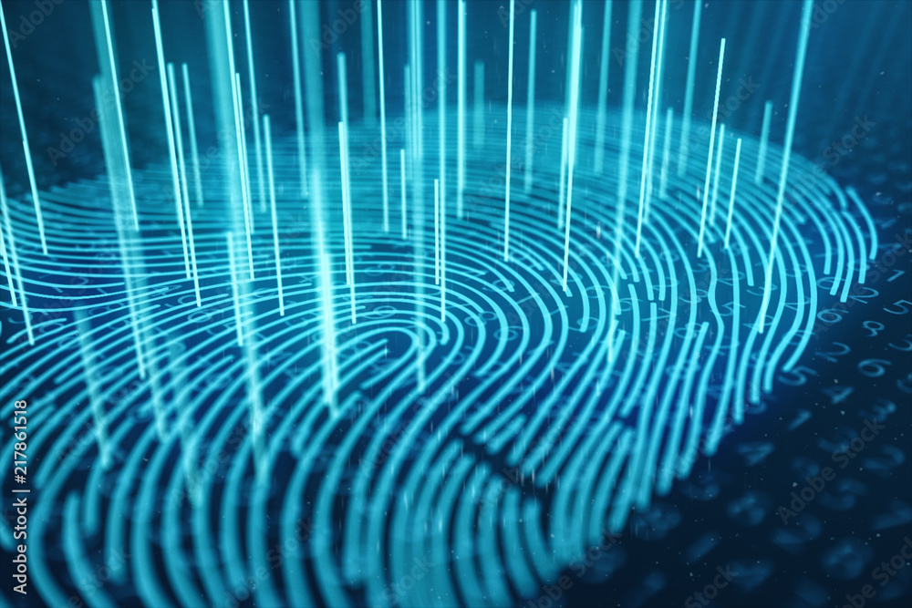 Poster 3d illustration fingerprint scan provides security access with biometrics identification. concept fi