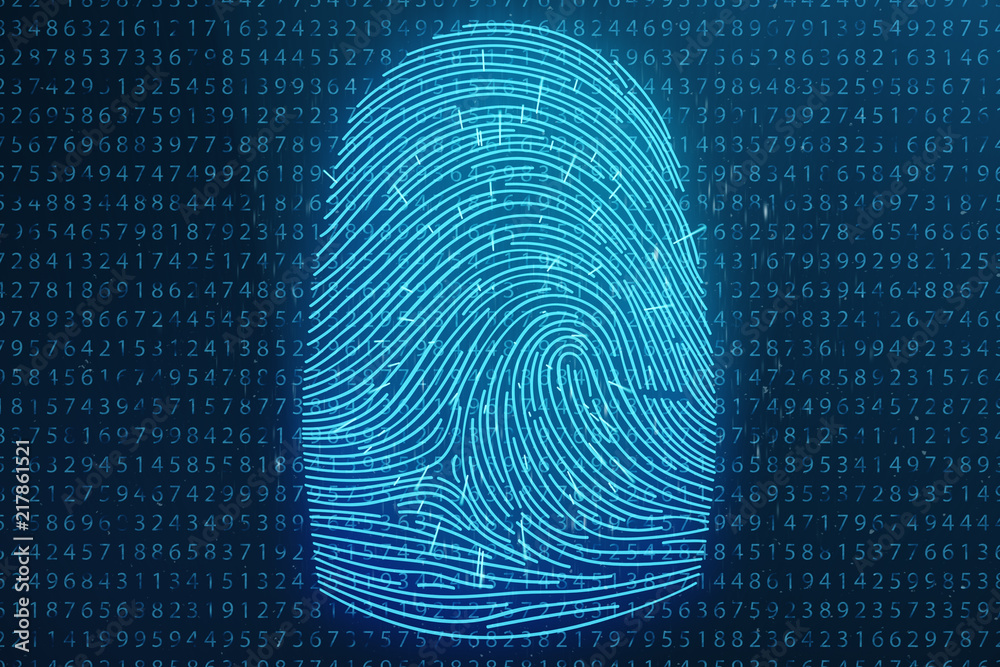 Poster 3d illustration fingerprint scan provides security access with biometrics identification. concept fi