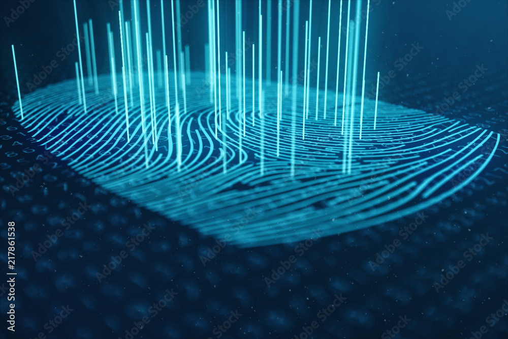 Poster 3d illustration fingerprint scan provides security access with biometrics identification. concept fi