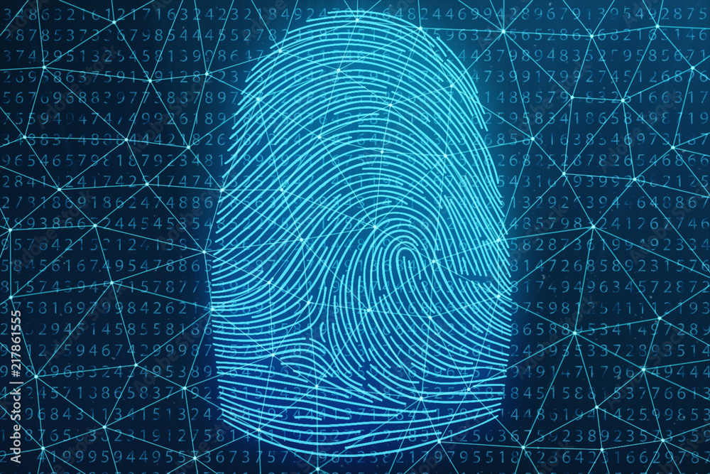 Poster 3d illustration fingerprint scan provides security access with biometrics identification. concept fi