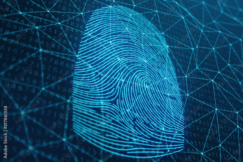 Poster 3d illustration fingerprint scan provides security access with biometrics identification. concept fi