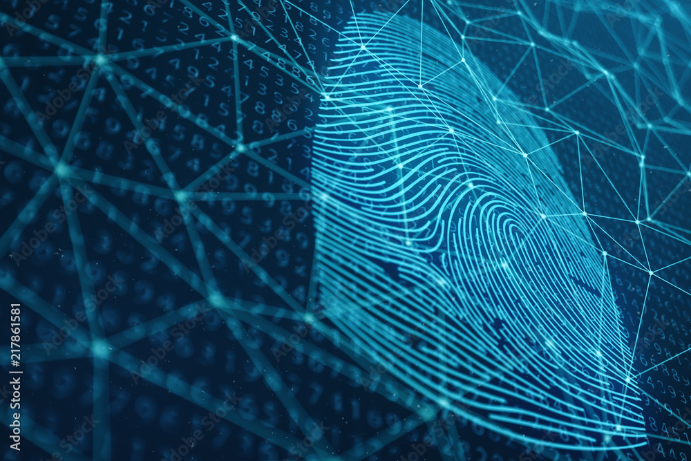 Poster 3d illustration fingerprint scan provides security access with biometrics identification. concept fi