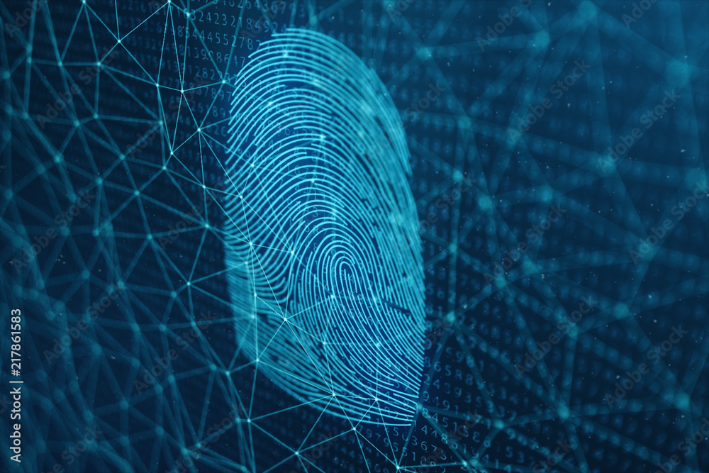 Poster 3d illustration fingerprint scan provides security access with biometrics identification. concept fi