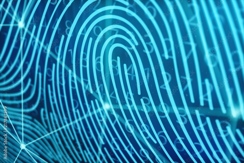 Poster 3d illustration fingerprint scan provides security access with biometrics identification. concept fi