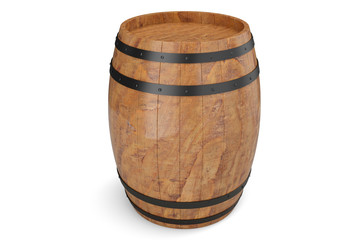 3D Illustration wooden barrels front view, wine isolated on white background. Alcoholic drink in wooden barrels, such as wine, cognac, rum, brandy.