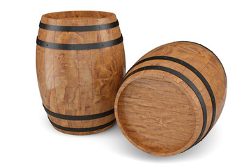 3D Illustration two wooden barrels isolated on white background. Alcoholic drink in wooden barrels, such as wine, cognac, rum, brandy.