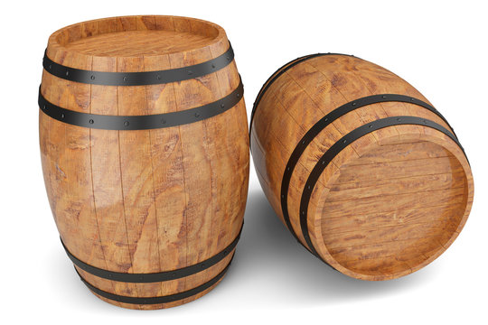 3D Illustration two wooden barrels isolated on white background. Alcoholic drink in wooden barrels, such as wine, cognac, rum, brandy.