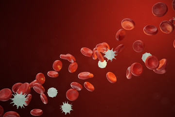 Red and white blood cells releasing neutrophils, eosinophils, basophils, lymphocytes, are the cells of the immune system. 3D illustration