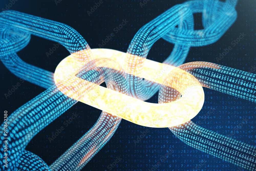 Poster 3d illustration digital block chain code. low polygonal grid of triangles glowing in blue dot networ
