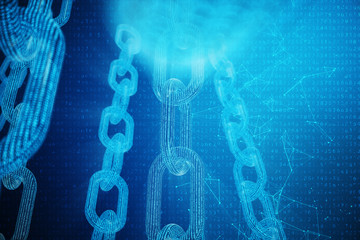 3D illustration digital block chain code. Low polygonal grid of triangles glowing in blue dot network, abstract background. Concept of Network, internet communication