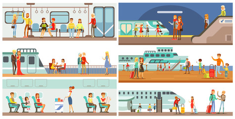 People in public transport set, passengers of the underground, airplane, cruise ship vector Illustrations