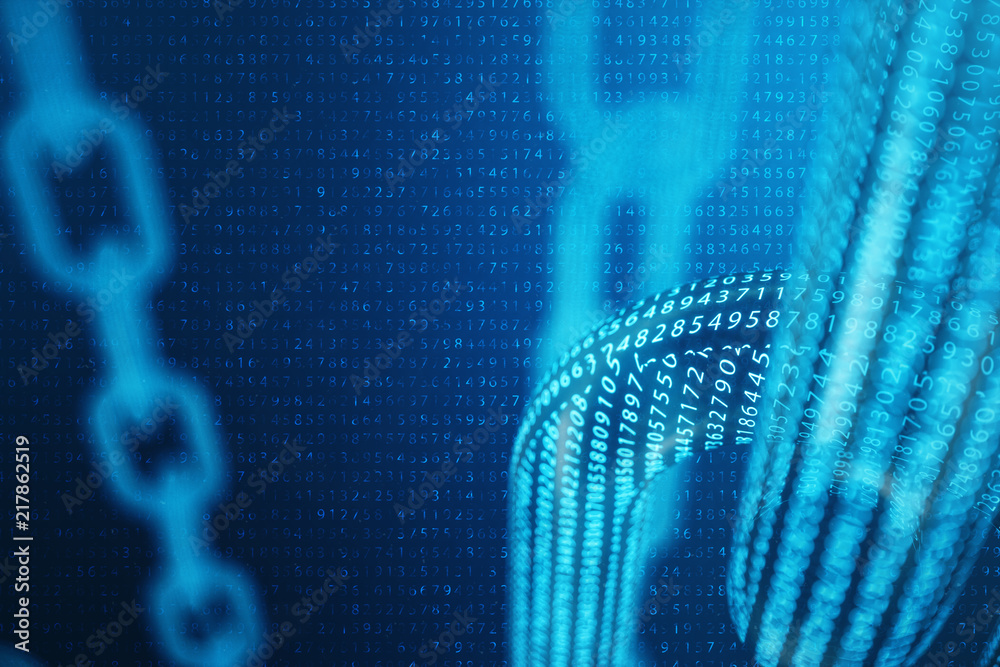 Poster 3d illustration digital block chain code. low polygonal grid of triangles glowing in blue dot networ