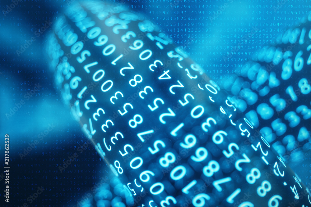 Poster 3d illustration digital block chain code. low polygonal grid of triangles glowing in blue dot networ