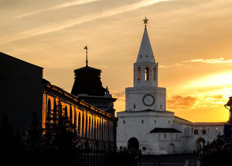 Fototapeta na wymiar Spasskaya tower of Kazan Kremlin at sunset.