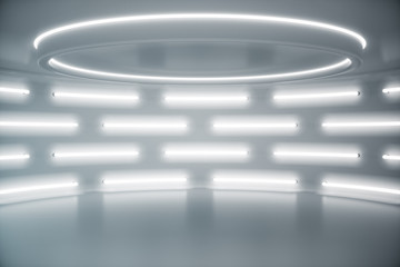 Interior white futuristic background, sci-fi interior concept. Empty interior with neon lights 3D illustration