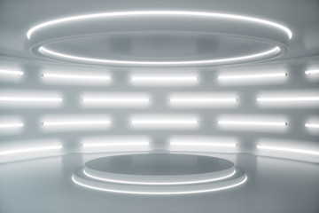 Interior white futuristic background, sci-fi interior concept. Empty interior with neon lights 3D illustration