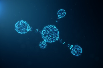 Digital atoms structure. Science or medical background with molecules and atoms. Low polygonal grid structure, connection lines and dots. Structure at the atomic level. 3D illustration