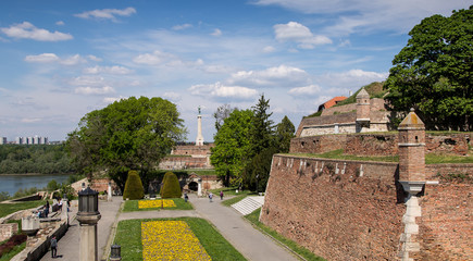 Kalemegdan fortress Great Stairs and Victor monument Belgrade, Usce Sava and Danube confluence,...
