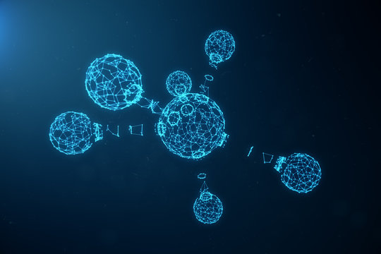 Digital atoms structure. Science or medical background with molecules and atoms. Low polygonal grid structure, connection lines and dots. Structure at the atomic level. 3D illustration