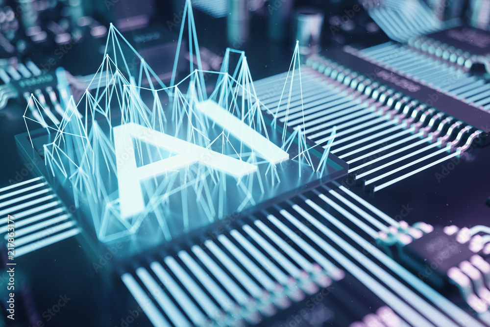 Poster 3d illustration abstract artificial intelligence on a printed circuit board. technology and engineer