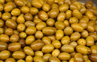 Pitted green Olives in the market at Athens Greece.