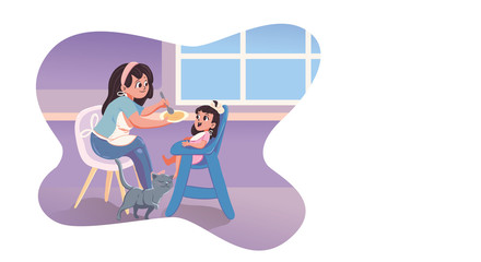 babysitter feeding kid in kitchen