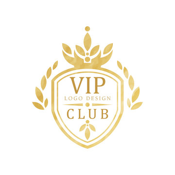 VIP club logo design, luxury elegant golden badge with shield for boutique, restaurant, hotel, resort vector Illustration on a white background