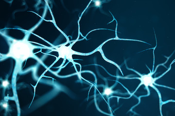 Conceptual illustration of neuron cells with glowing link knots. Neurons in brain on with focus effect. Synapse and Neuron cells sending electrical chemical signals. 3d illustration