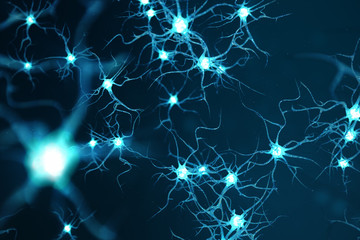 Conceptual illustration of neuron cells with glowing link knots. Neurons in brain on with focus effect. Synapse and Neuron cells sending electrical chemical signals. 3d illustration