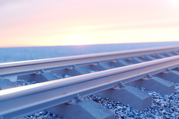 Railroad or railway, steel railway for trains. Railroad travel, railway tourism. Transportation concept. 3D illustration