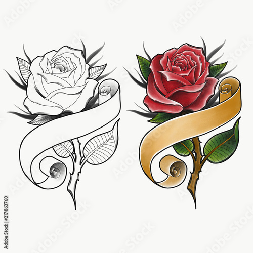 "Red rose with banner traditional tattoo design, Hand drawn old school