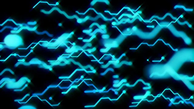 Volumetric cluster of printed circuit boards. Depth of field. The lines of the PCB are moving at different speeds. Rotating chamber.Lines spreading from the center are led by bright points. They