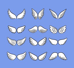Cartoon angel wings set. Hand drawn wings isolated on white, cartoon birds or angels vector sketch icons