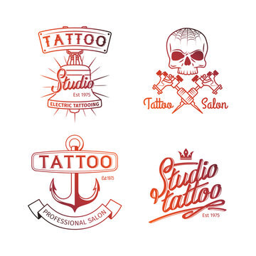 Tattoo studio logo. Colorful logos for tattoo parlor templates. Vector retro tattooing art shop emblems with skull and anchor isolated on white